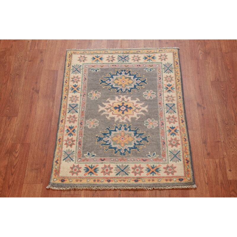 Geometric Kazak Foyer Rug Hand-Knotted Oriental Grey Wool Carpet - 2'0"x 3'0"