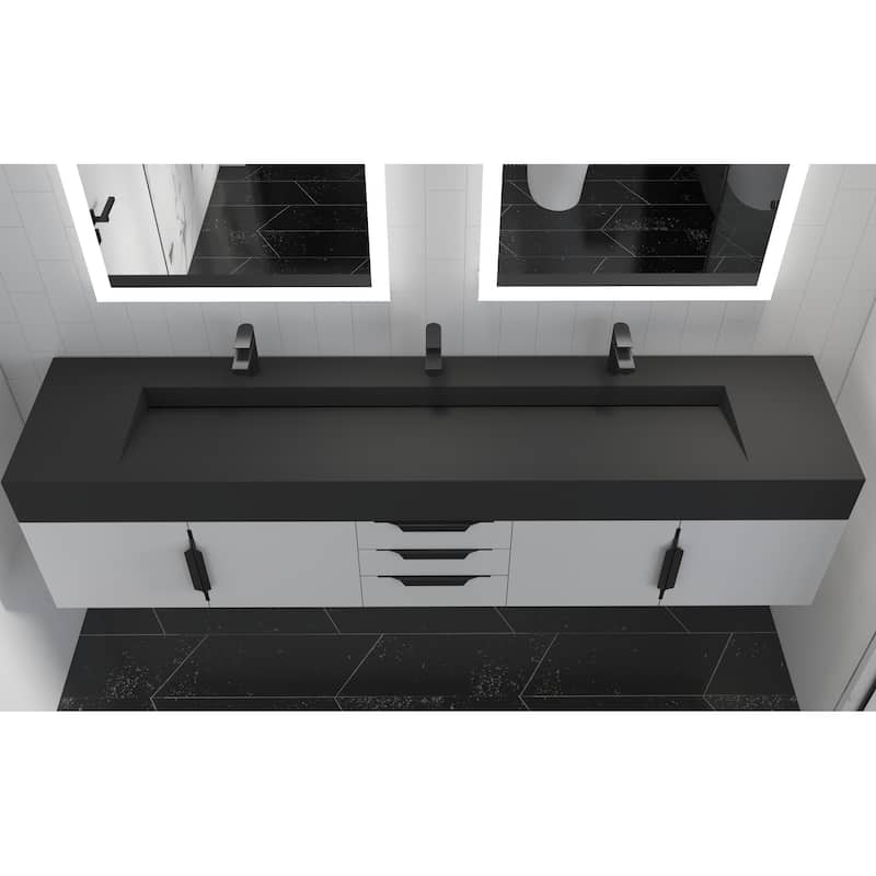 Nile 84-Inch Wall Mounted Bathroom Vanity Set w/ Black Top