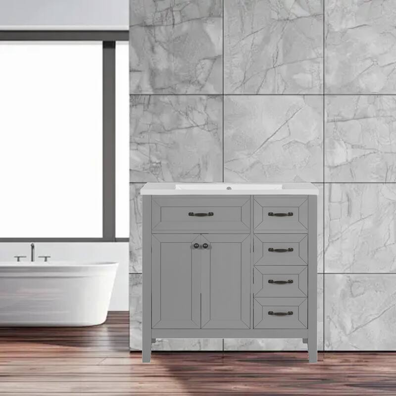 36" Freestanding Bathroom Vanity with Smooth Ceramic Sink, Cabinet & Drawers, MDF Construction - Grey