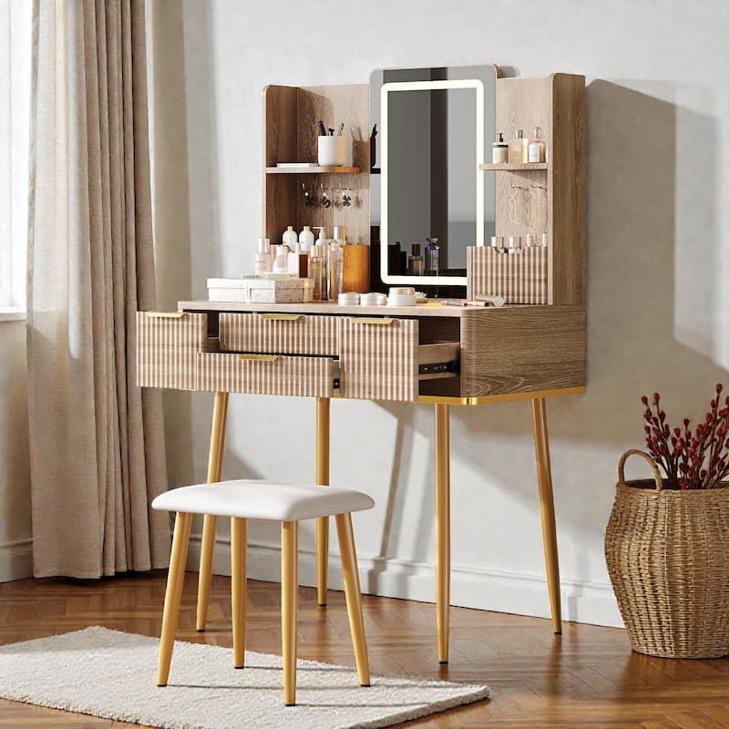 Fluted Vanity Desk with LED Lighted Mirror, 4 Drawers, Jewelry Storage & PU Stool, Modern Makeup Table with Metal Legs - Brown