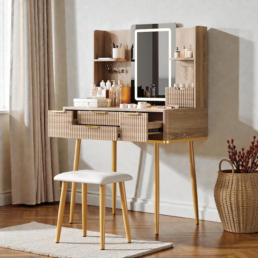 Fluted Vanity Desk with LED Lighted Mirror, 4 Drawers, Jewelry Storage & PU Stool, Modern Makeup Table with Metal Legs