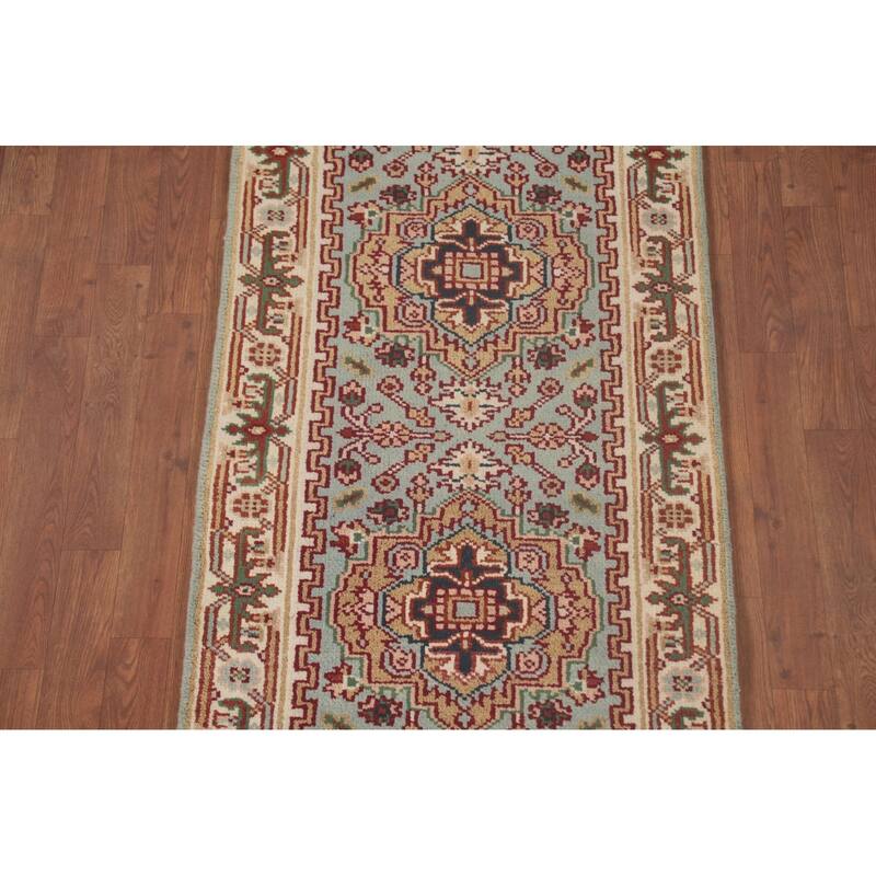 Geometric Heriz Serapi Runner Rug Handmade Blue Wool Carpet - 2'6"x 9'9"