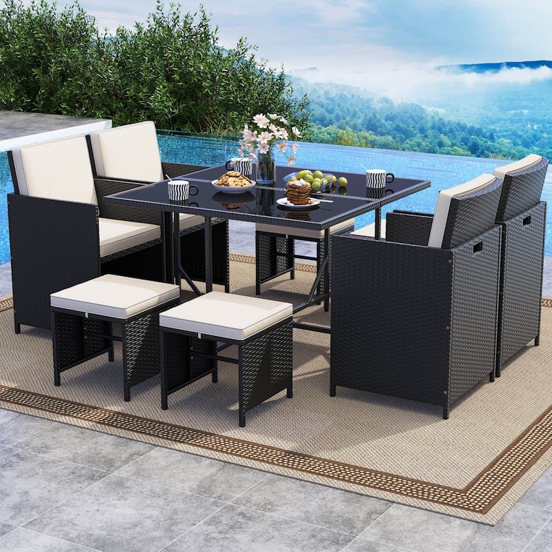 Costway 9 PCS Patio Dining Set with Tempered Glass Table & Ottoman - See Details - Off-White