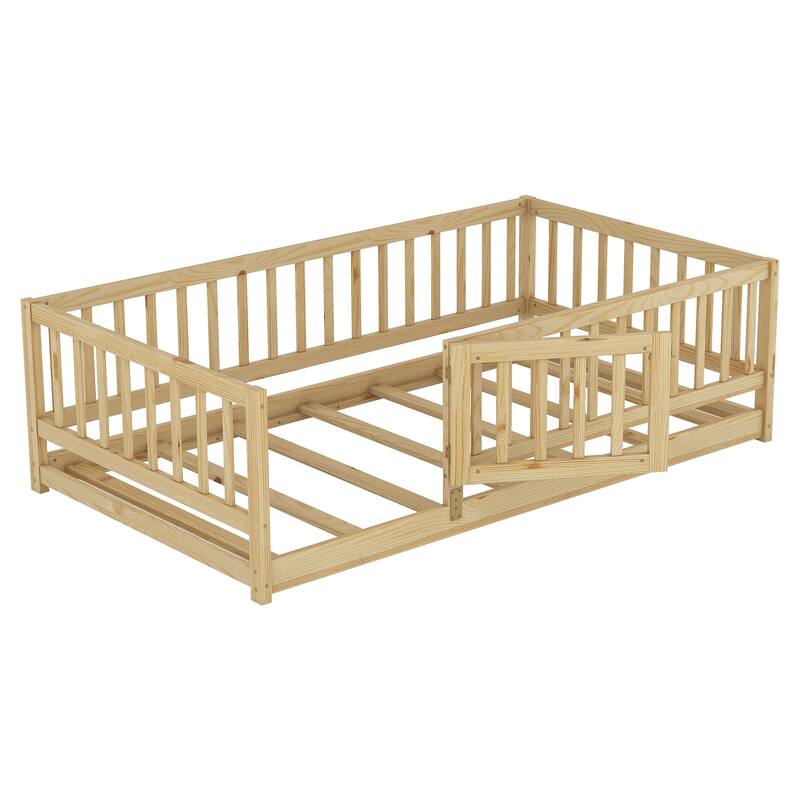 Twin Size Montessori Floor Bed with Fence, Door, and Slats for Kids, Natural Oak Finish