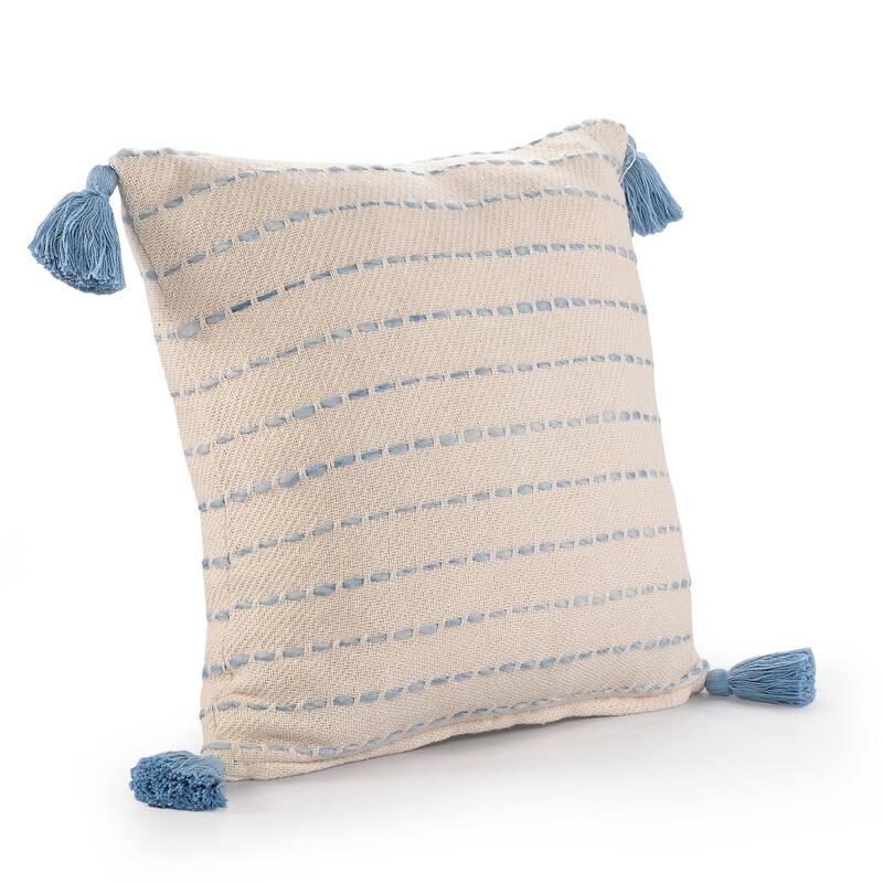Handmade Variegated Striped Square Throw Pillow with Tassels - 20" - Blue and White