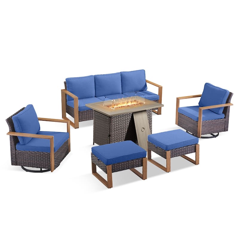 Pocassy Outdoor Wicker Sofa Swivel Chair with Fire Table Set