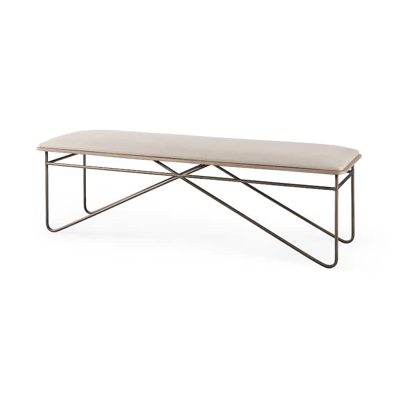 Camille Cream Fabric Seat w/ Dark Metal Frame Bench - 55.5"W x 16"D x 17"H - 55.5"W x 16"D x 17"H