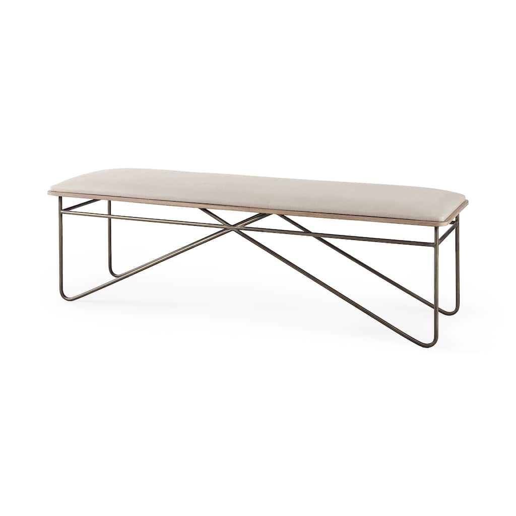 Camille Cream Fabric Seat w/ Dark Metal Frame Bench - 55.5"W x 16"D x 17"H
