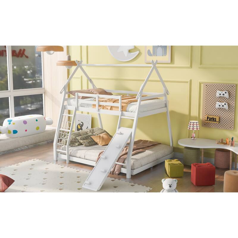 Twin Over Queen Bunk Bed Frame with Climbing Nets and Climbing Ramp