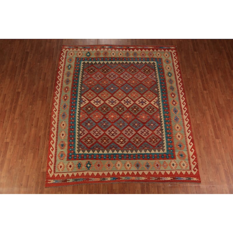 Trellis Geometric Kilim Oriental Area Rug Hand-Woven Wool Carpet - 8'2"x 9'6"