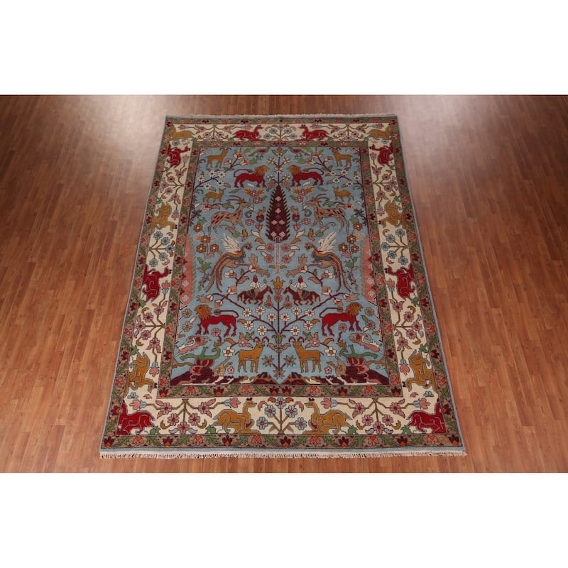 Hunting Animals Blue Ziegler Indian Area Rug Hand-Knotted Wool Carpet - 8'10"x 12'2"