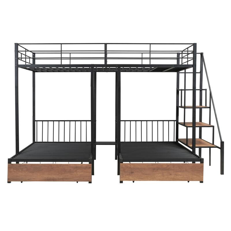 Triple Bed with Full + Twin Layout, Stair Storage & Drawers - Black Metal Construction