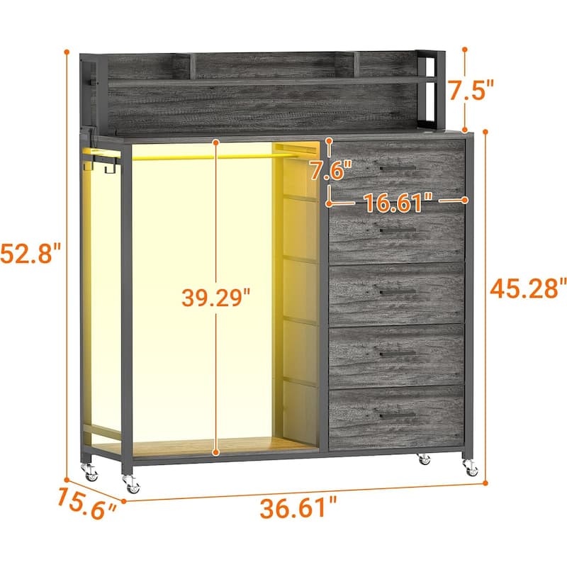 5 Drawers Dresser with Charging Station & LED Lights, Chest of Drawers with Hanging Rod ＆ Lockable Wheels ＆ Storage Shelves