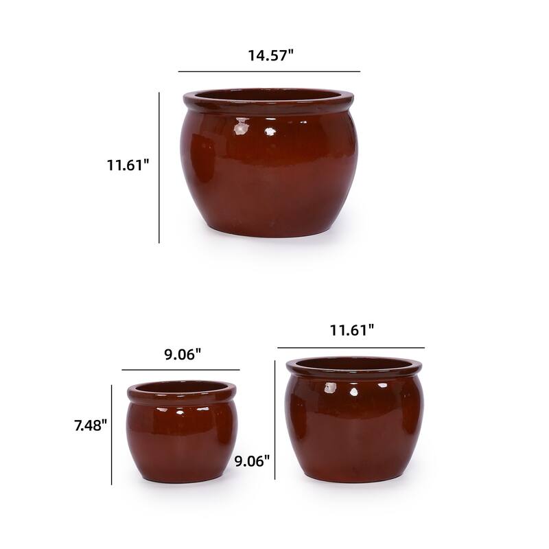 Handmade Glazed Ceramic Planter Set of 3, 15/12/9 Inch Diameter, Solid Glossy Finish