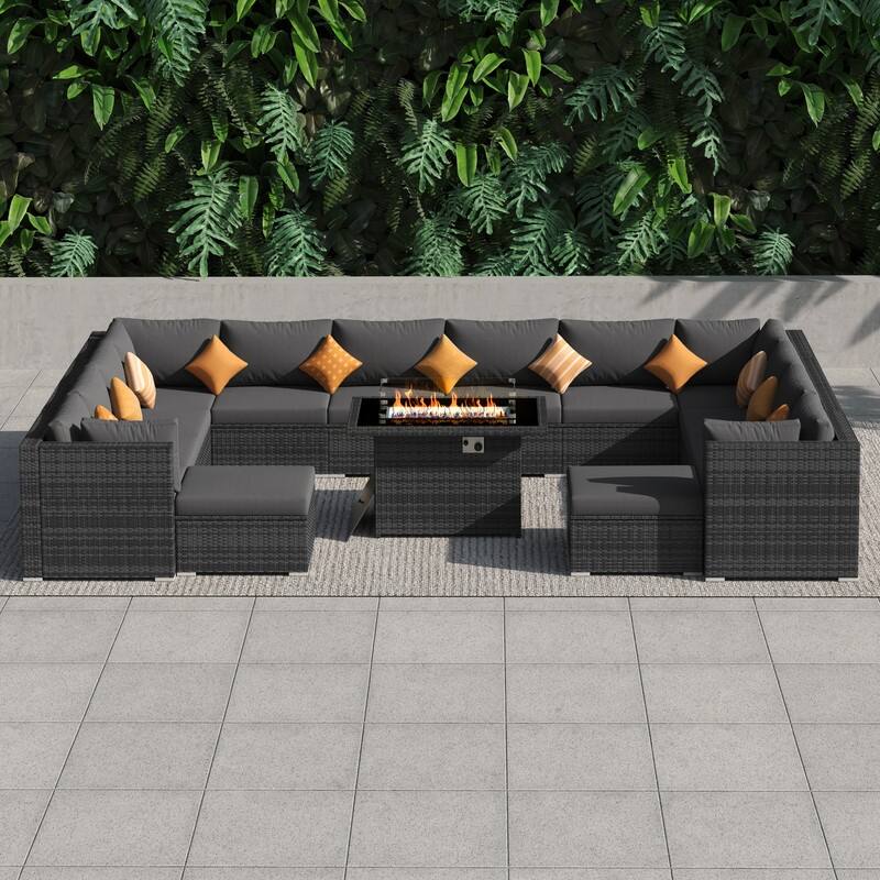 FINCATI 15-Piece Grey Wicker Patio Conversation Sofa Set with Ottomans, 43″ Fire Pit Table