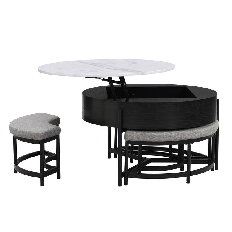 Round Lift-Top Coffee Table with Storage and 3 Ottoman