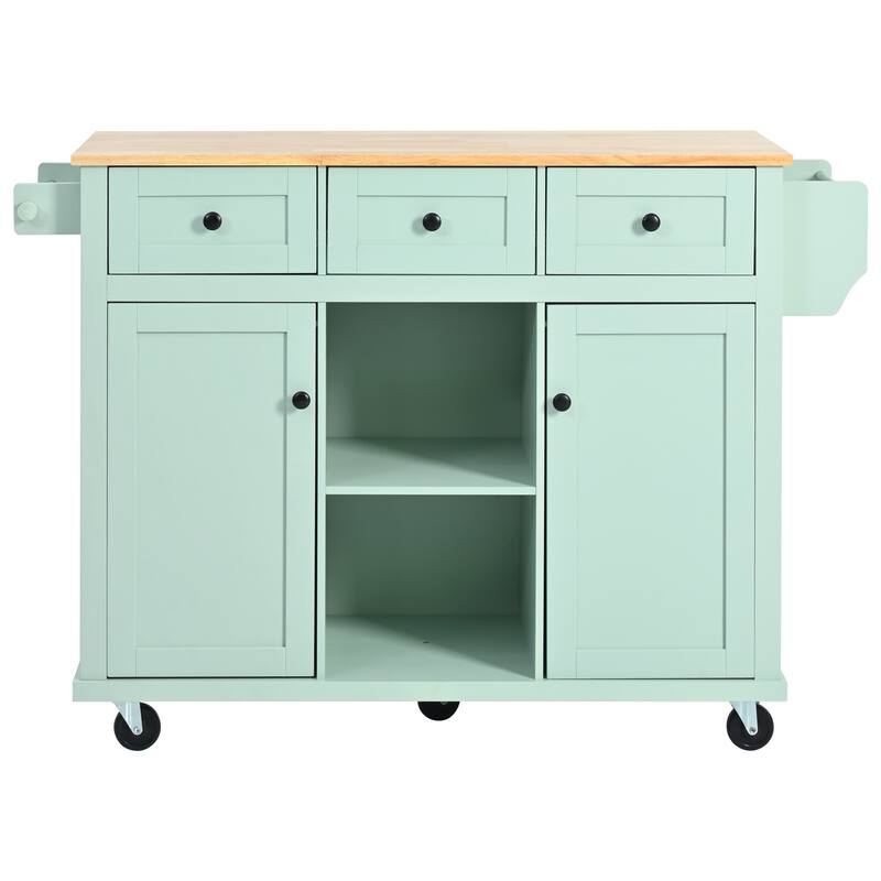 Kitchen Cart with Rubber wood Drop-Leaf Countertop ,Kitchen Island on 5 Wheels with Storage Cabinet and 3 Drawers