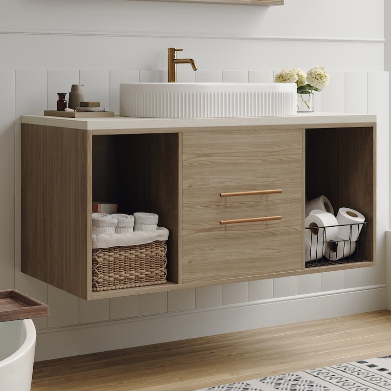 Modern Wall-Mounted Bathroom Vanity with Oval Ceramic Sink, Solid Wood Floating Cabinet, Soft-Close Storage - Natural