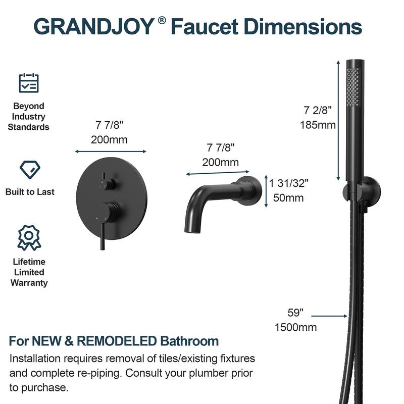 GRANDJOY Wall Mounted Tub Shower Faucet Set with Rotating Bathtub Spout and Handheld Shower