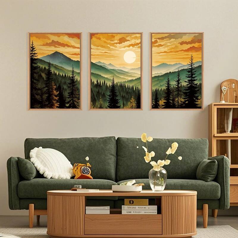 Retro Pine Tree Wall Decor,Nature Foggy Forest Wall Painting