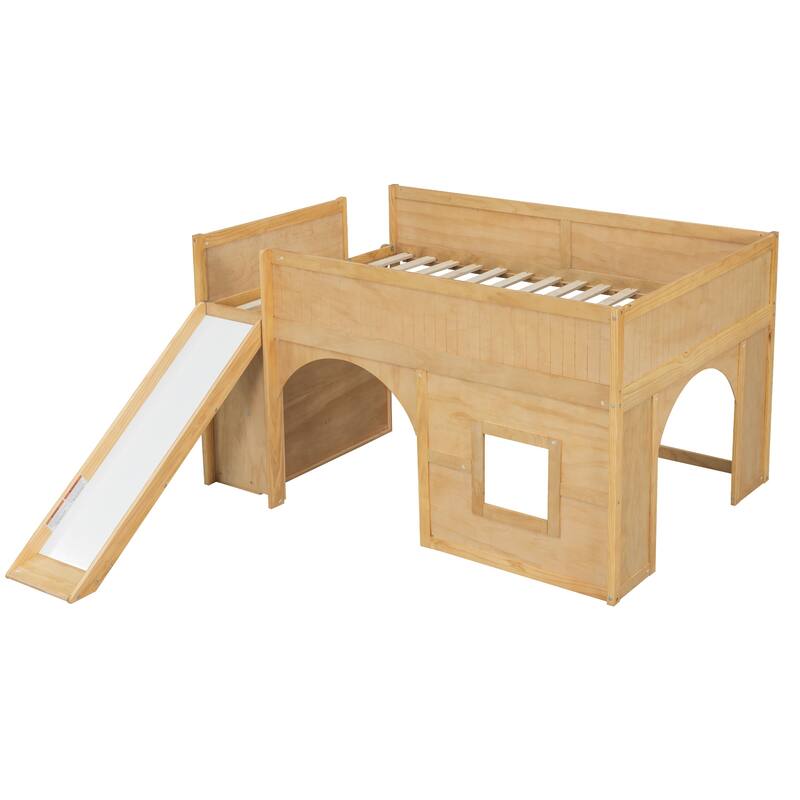 Full Size Wooden All-in-One Fairytale Low Loft Bed with Side Storage Shelves and Slide, Door and Window Design