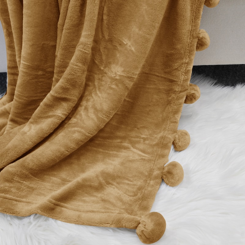 Pompom Flannel Fleece Throw