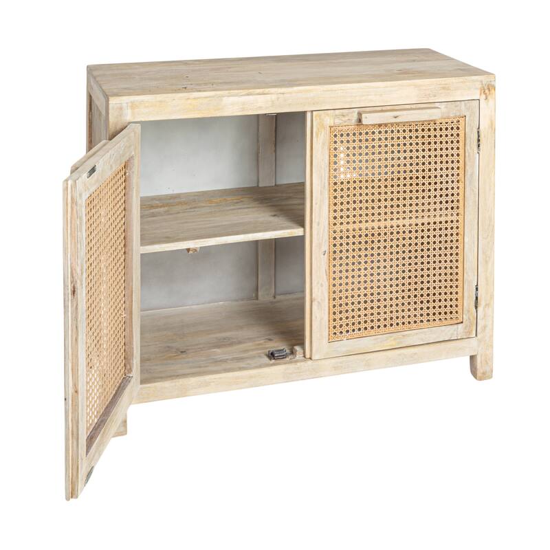 Mango Wood and Cane 2-Door Cabinet with 2 Shelves