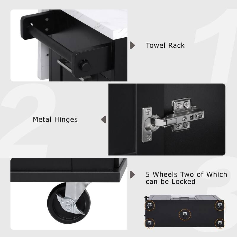 50.7" Kitchen Island with Drop Leaf, Pull Out Cabinet Organizer, Rolling Wheels, Trash Bin and 2 Drawers