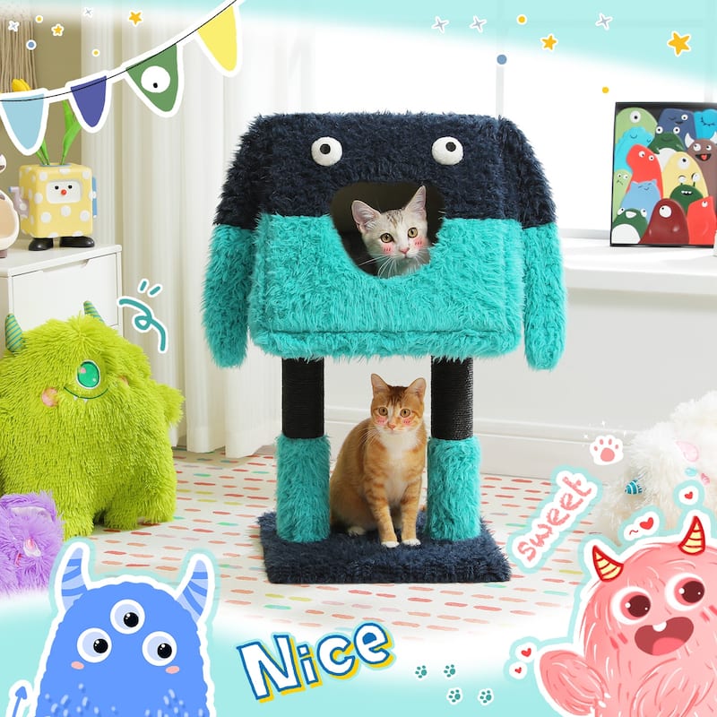 Indoor cat tower with cat condo and sisal scratching post - Blue