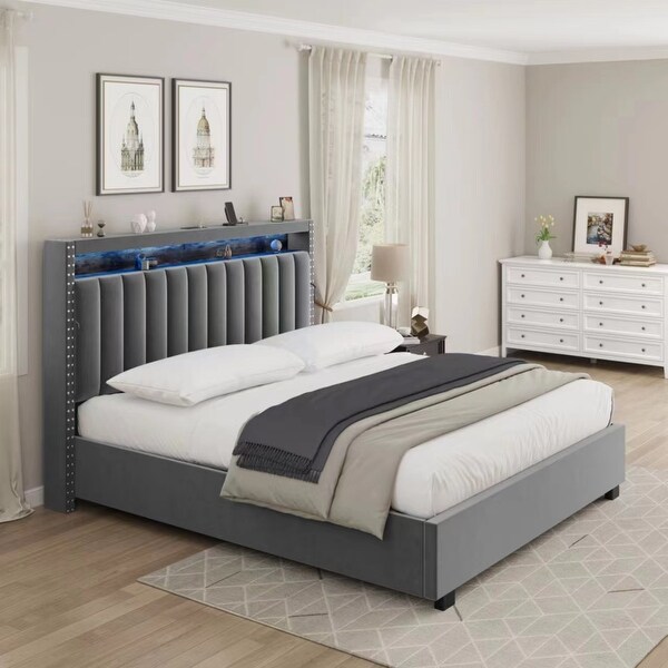 King Size Gas Lift Storage Bed with Storage Spaces Dark Grey