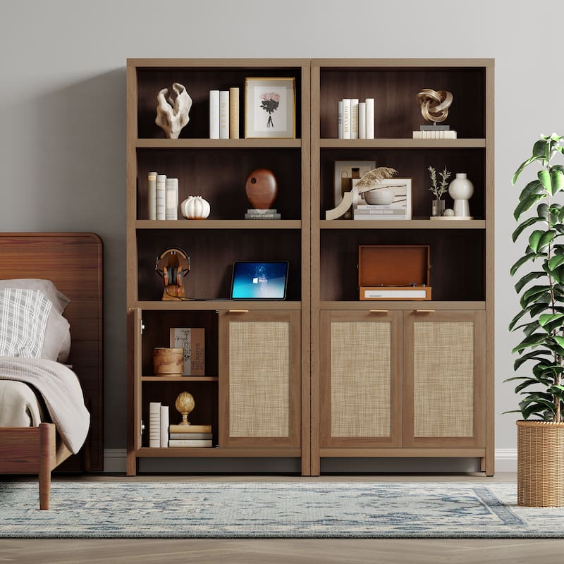 SICOTAS 5 Tier Adjustable Bookcase with Rattan Storage Cabinet