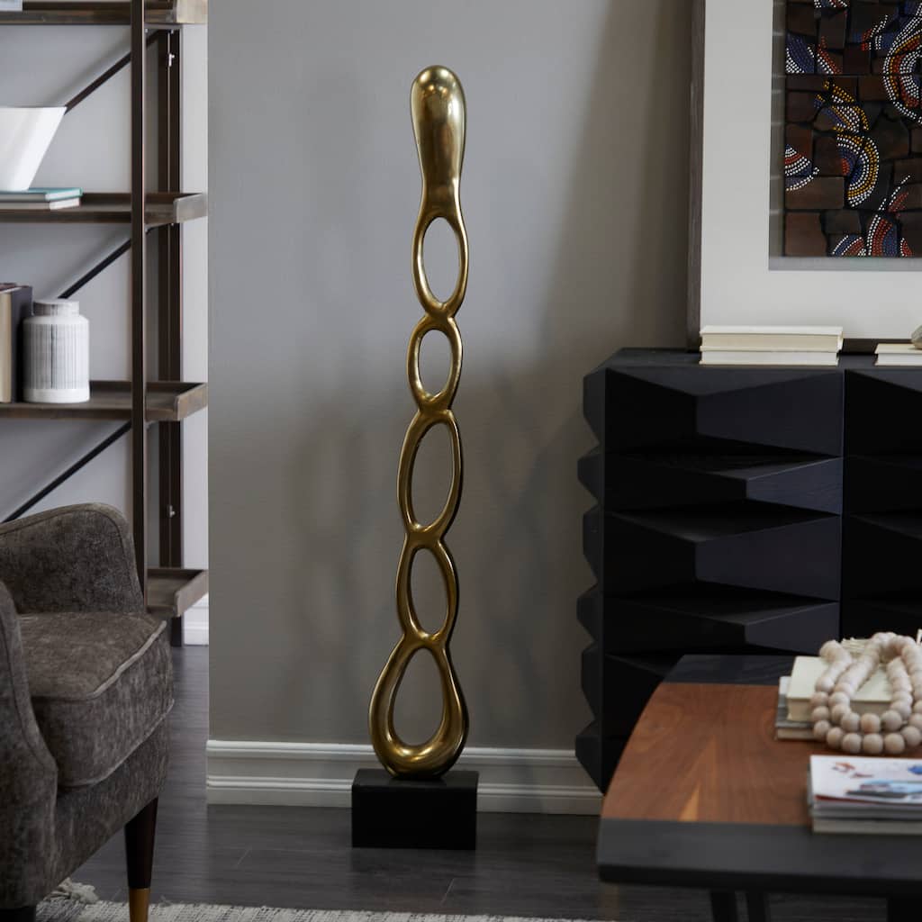 Sleek Aluminum Metal Tall Linked Floor Abstract Sculpture with Black Base - Gold, Silver, Black