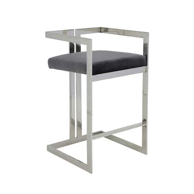 Suki 30 Inch Barstool Chair, Gray Velvet Seat, Silver Stainless Steel