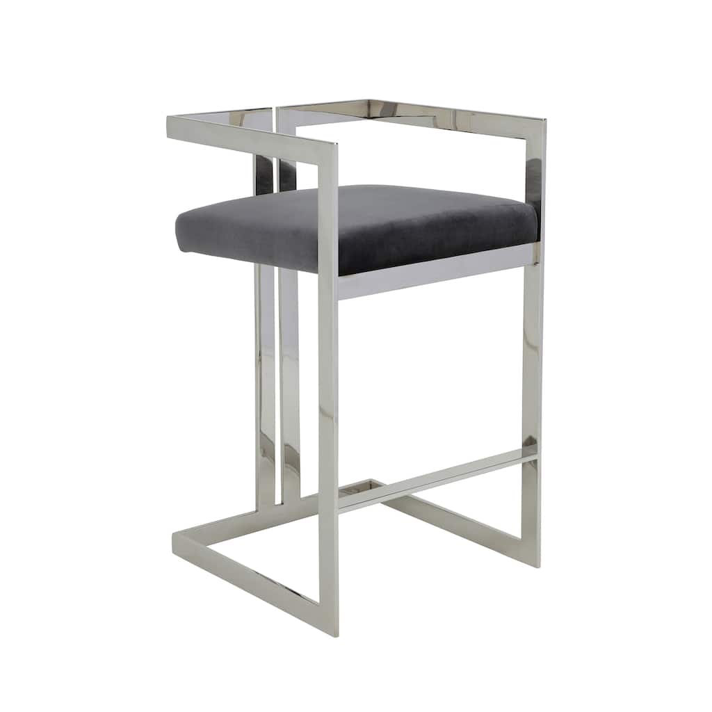 Suki 30 Inch Barstool Chair, Gray Velvet Seat, Silver Stainless Steel