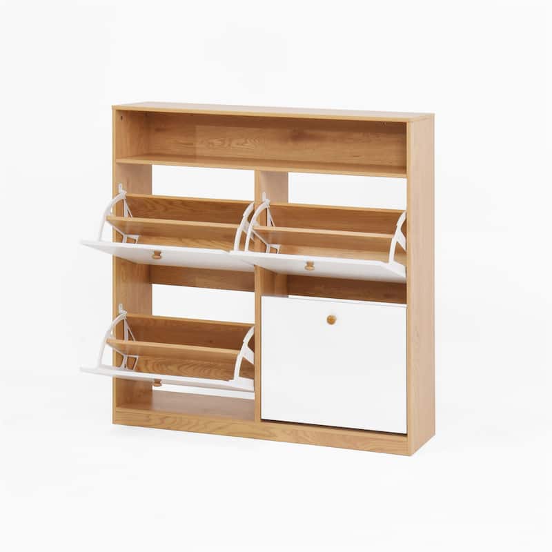 Freestanding Shoe Storage Cabinet with 4 Flip Drawers and Wood Handle