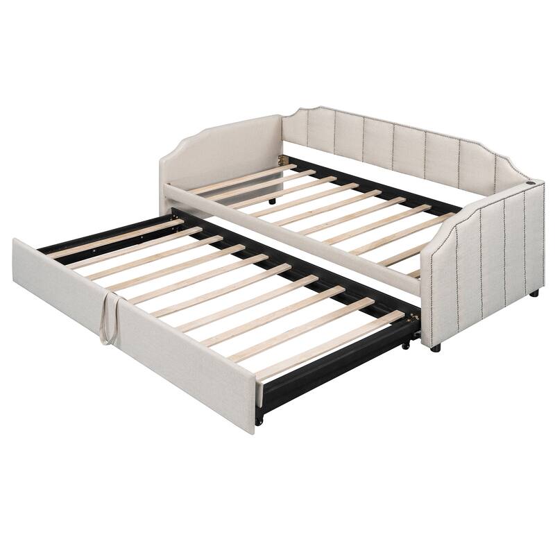 Twin Size Upholstered Daybed with Pop-Up Trundle & USB Charging Ports