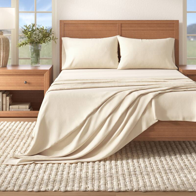Linery & Co. Turkish Cotton Double-Brushed Solid Color Flannel Bed Sheet Set - Pristine Ivory - California King