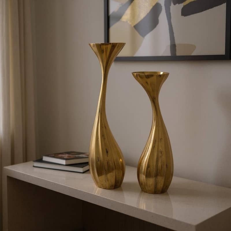 Set of Two Antiqued Gold Aluminum Wavy Faceted Tabletop Pillar Candle Holders - Antiqued Gold