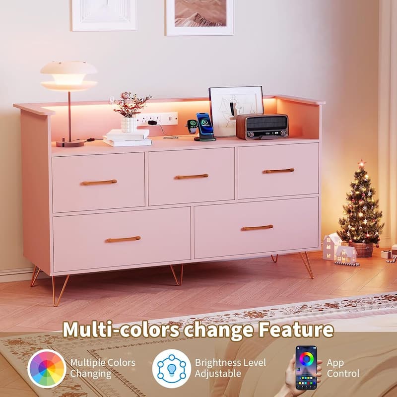 5 Drawer Dresser TV Stand for Bedroom with Charging Station & LED Lights