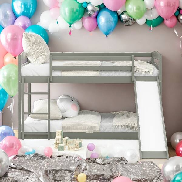 slide 2 of 9, Modern Twin Over Twin Rugged Wooden Frame Bunk Bed With Convertible Slide And Ladder Grey