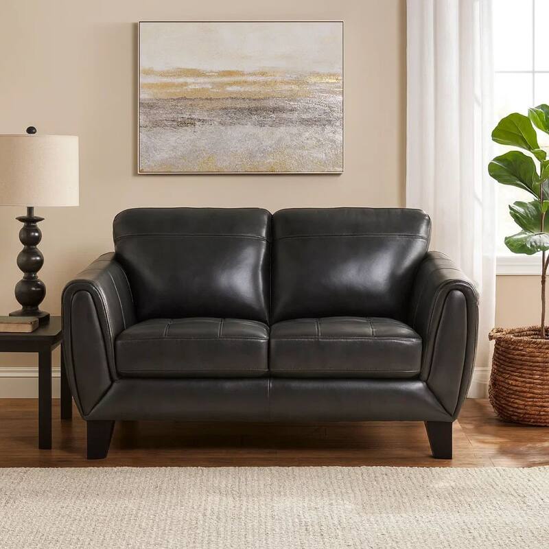 Sofy 61 Inch Loveseat, Dark Gray Top Grain and Faux Leather, Solid Wood