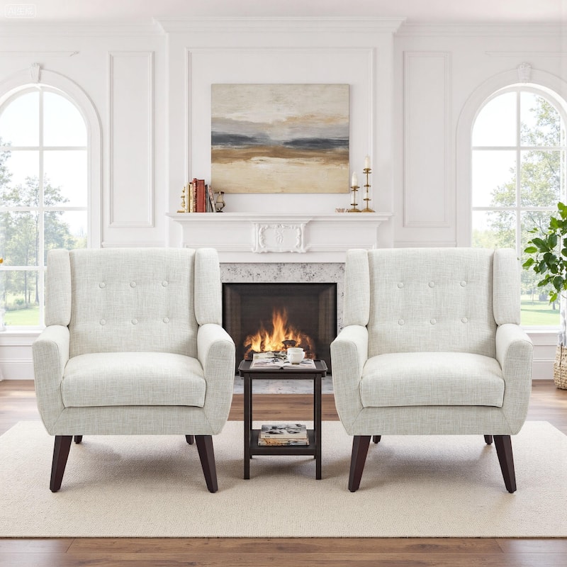 2 Set Modern Tufted Linen Upholstered Accent Chair Faux Leather Armchair - Linen - Beige Linen