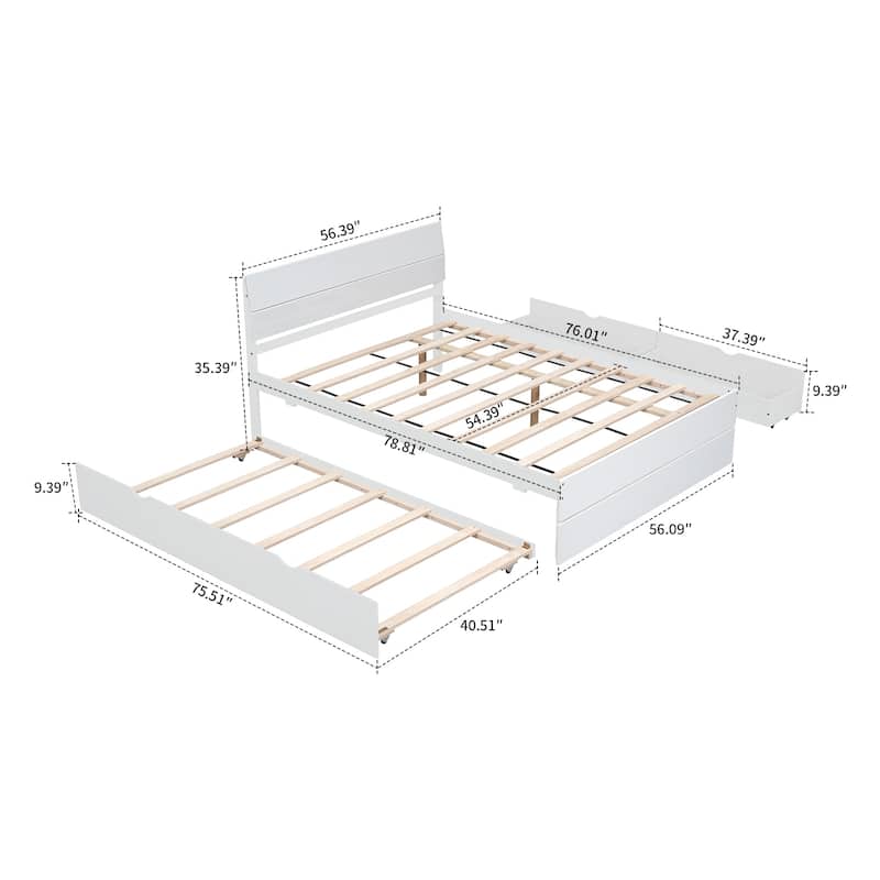 Modern Farmhouse Style Wooden Full Size Platform Bed Frame with Twin Size Trundle Bed