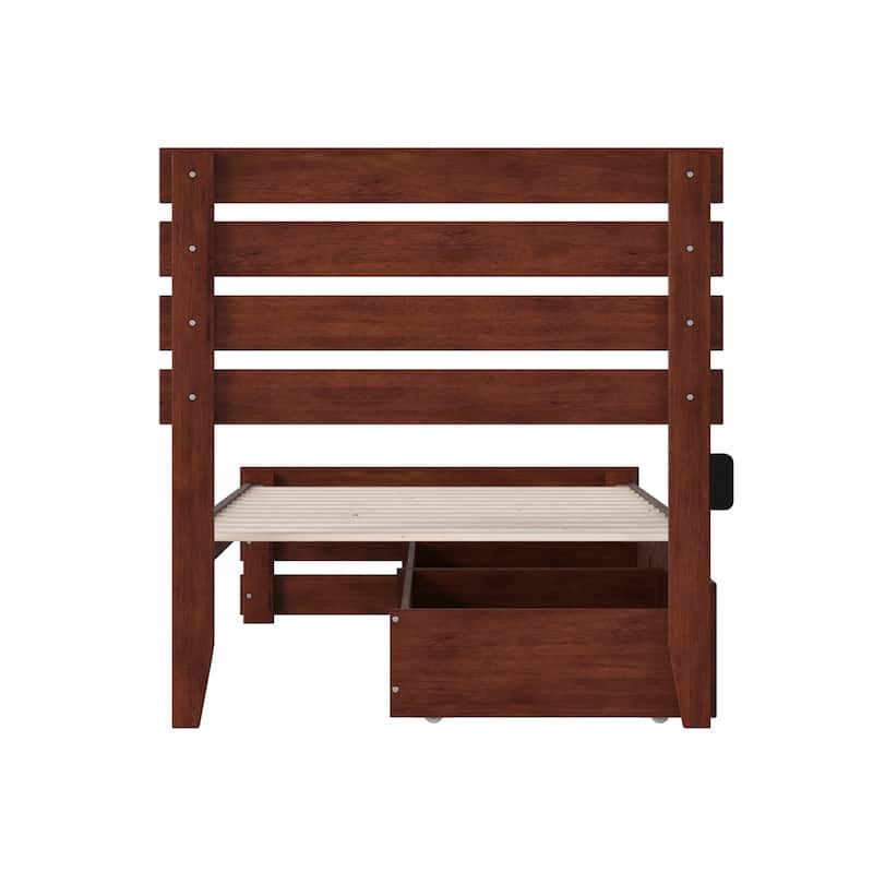 Twin Bed with Footboard, USB Charger & Drawers - Walnut Finish Storage Platform Bed