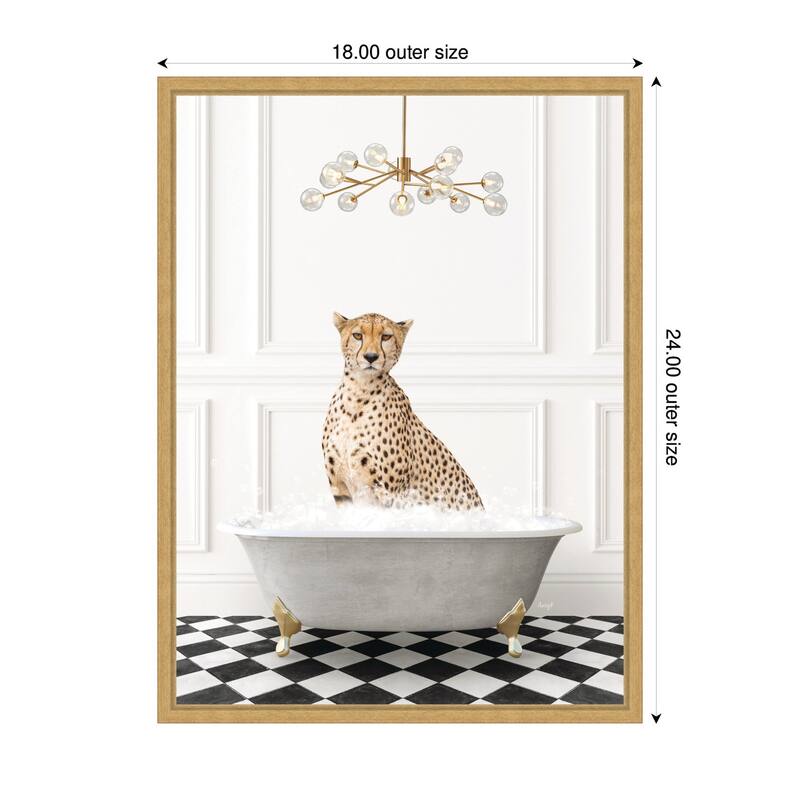 Kate and Laurel Sylvie Cheetah in Gray Bathtub on Checker Floor Framed Canvas by Amy Peterson