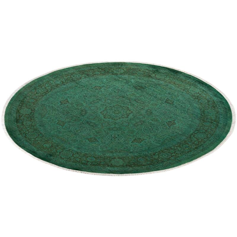 Overton Hand Knotted Wool Vintage Inspired Modern Contemporary Overdyed Green Round Area Rug - 7' 8" x 7' 10"