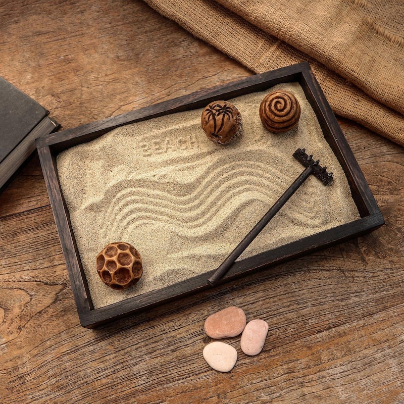 Handmade Serene Beach Wood zen garden(Indonesia) - 1.8" H x 13" W x 8.75" D