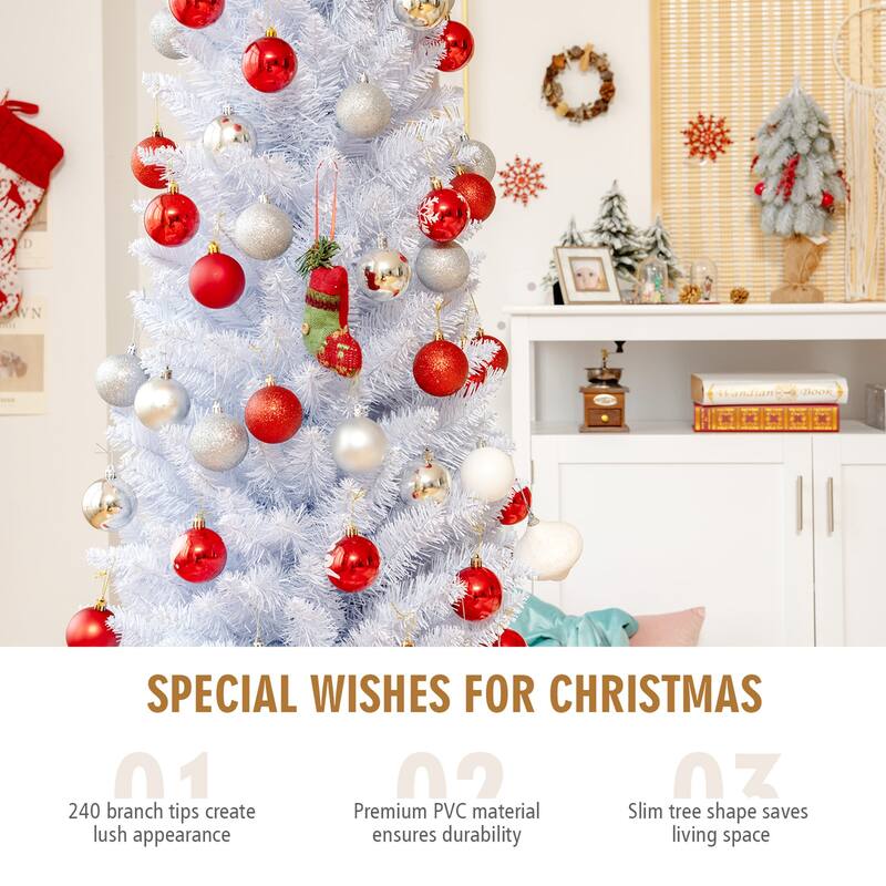 Gymax 5/6/7 FT Artificial Pencil White Christmas Tree Leafy Unlit Slim