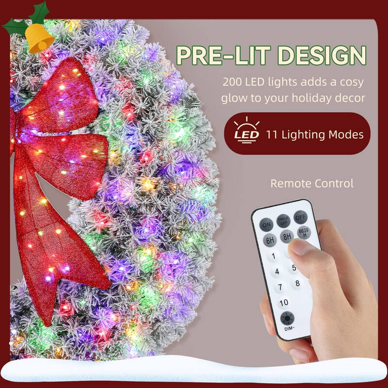 HOMCOM 48in Flocked Pre-Lit Wreath: 200 LED, 11 Modes, Remote, 3D Bow, Indoor/Outdoor