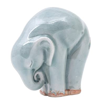 Novica Handmade Elephant Forward Bend Celadon Ceramic Figurine